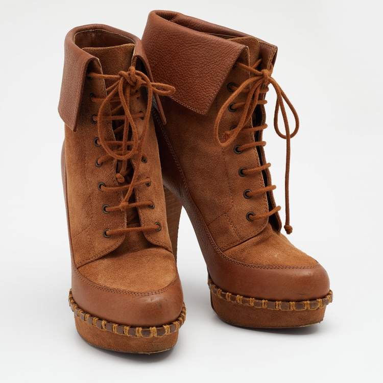 Pre Owned Yves Saint Laurent Brown Suede and Leather Platform Ankle Length Boots Size 38