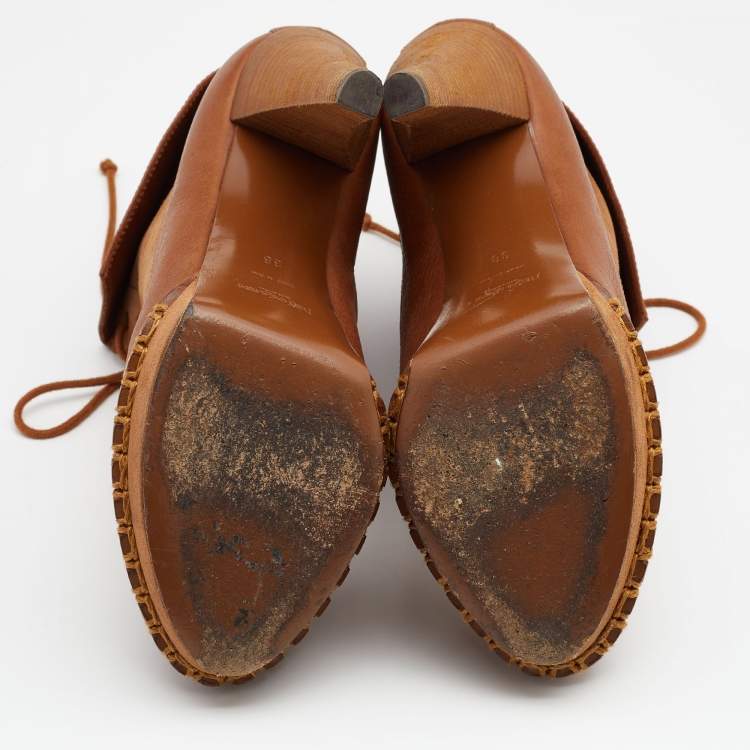 Pre Owned Yves Saint Laurent Brown Suede and Leather Platform Ankle Length Boots Size 38
