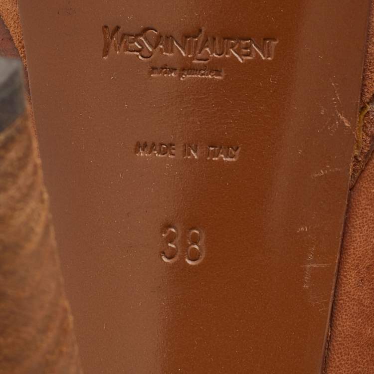Pre Owned Yves Saint Laurent Brown Suede and Leather Platform Ankle Length Boots Size 38