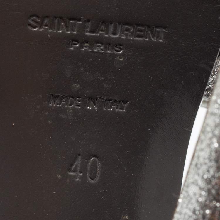 Pre Owned Saint Laurent Metallic Silver Leather Tribute Platform Ankle Strap Sandals Size 40