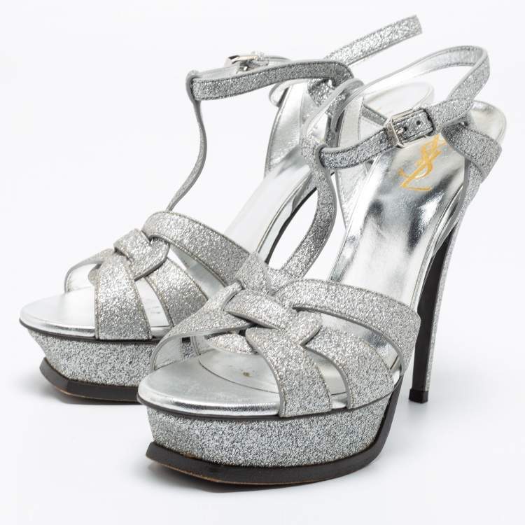 Pre Owned Saint Laurent Metallic Silver Leather Tribute Platform Ankle Strap Sandals Size 40