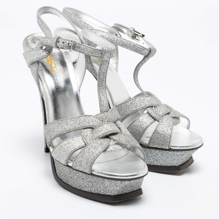Pre Owned Saint Laurent Metallic Silver Leather Tribute Platform Ankle Strap Sandals Size 40