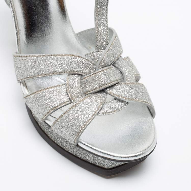 Pre Owned Saint Laurent Metallic Silver Leather Tribute Platform Ankle Strap Sandals Size 40