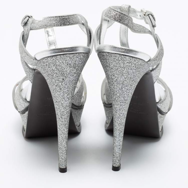 Pre Owned Saint Laurent Metallic Silver Leather Tribute Platform Ankle Strap Sandals Size 40