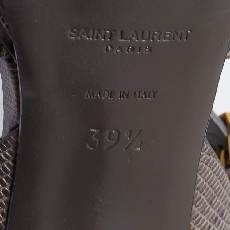 Pre Owned Saint Laurent Grey Lizard Embossed Leather Tribute Platform Ankle Strap Sandals Size 39.5