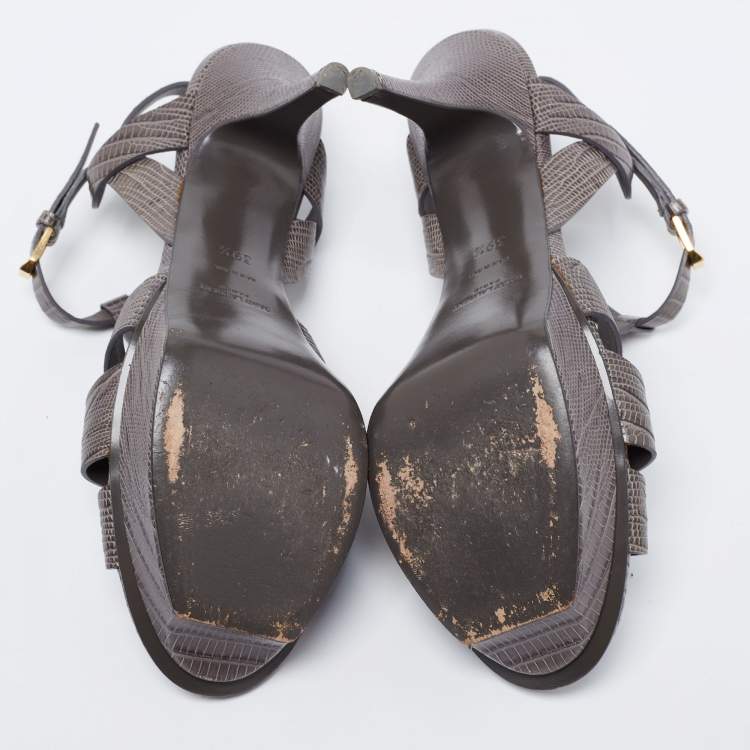 Pre Owned Saint Laurent Grey Lizard Embossed Leather Tribute Platform Ankle Strap Sandals Size 39.5