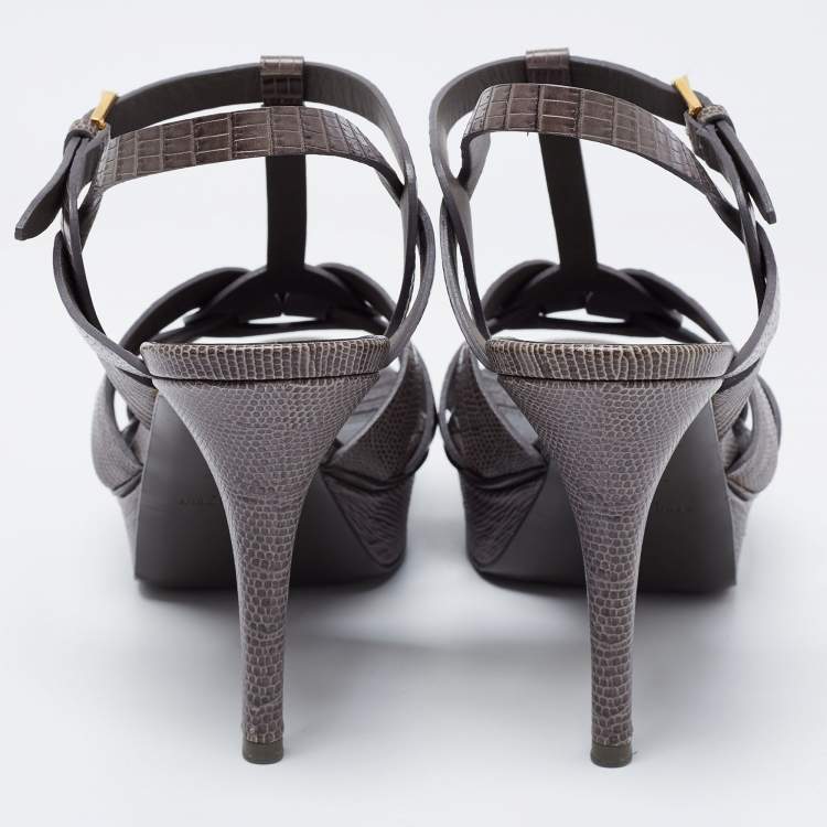 Pre Owned Saint Laurent Grey Lizard Embossed Leather Tribute Platform Ankle Strap Sandals Size 39.5