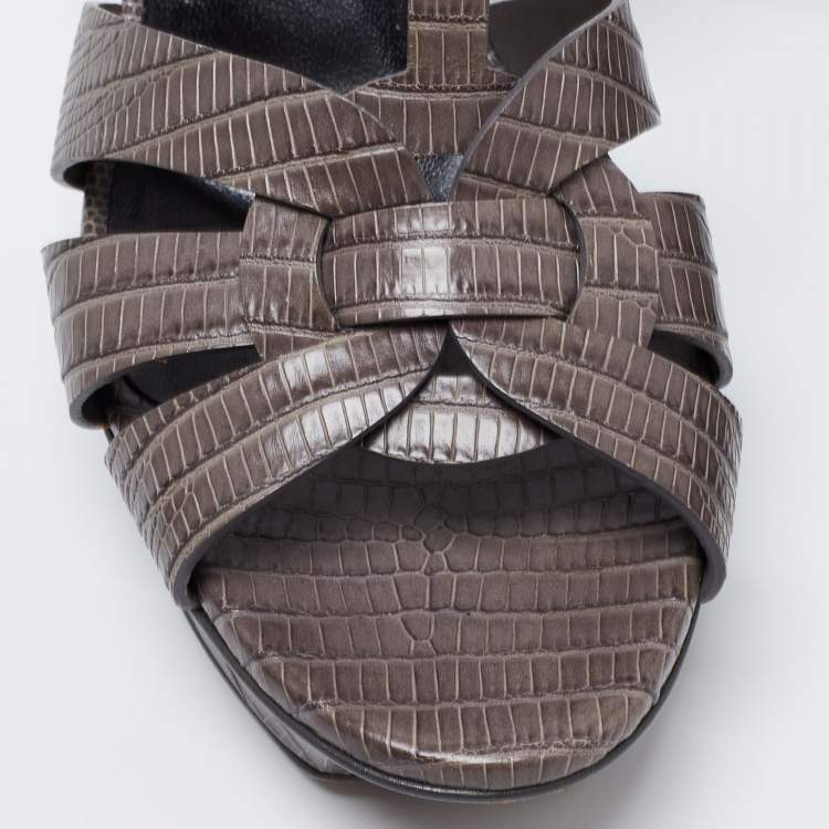 Pre Owned Saint Laurent Grey Lizard Embossed Leather Tribute Platform Ankle Strap Sandals Size 39.5