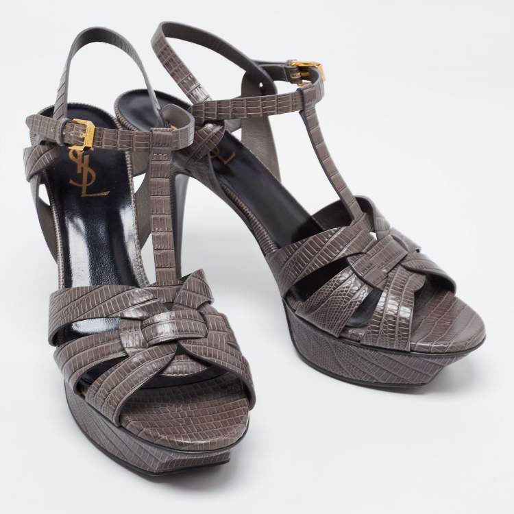 Pre Owned Saint Laurent Grey Lizard Embossed Leather Tribute Platform Ankle Strap Sandals Size 39.5