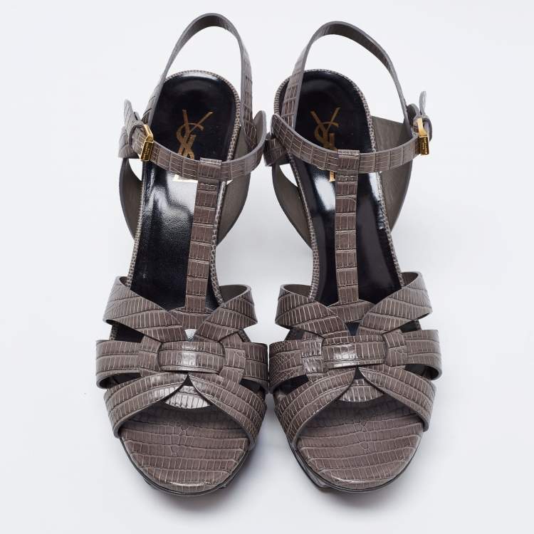 Pre Owned Saint Laurent Grey Lizard Embossed Leather Tribute Platform Ankle Strap Sandals Size 39.5