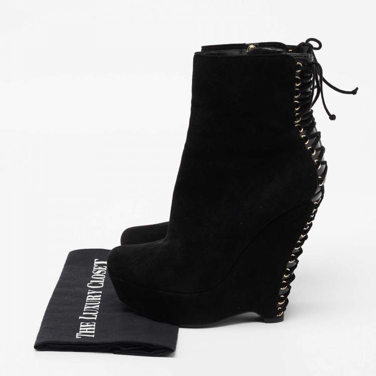 Pre Owned Yves Saint Laurent Black Suede Lace Up Madge Ankle Length Wedge Boots Size 41.5