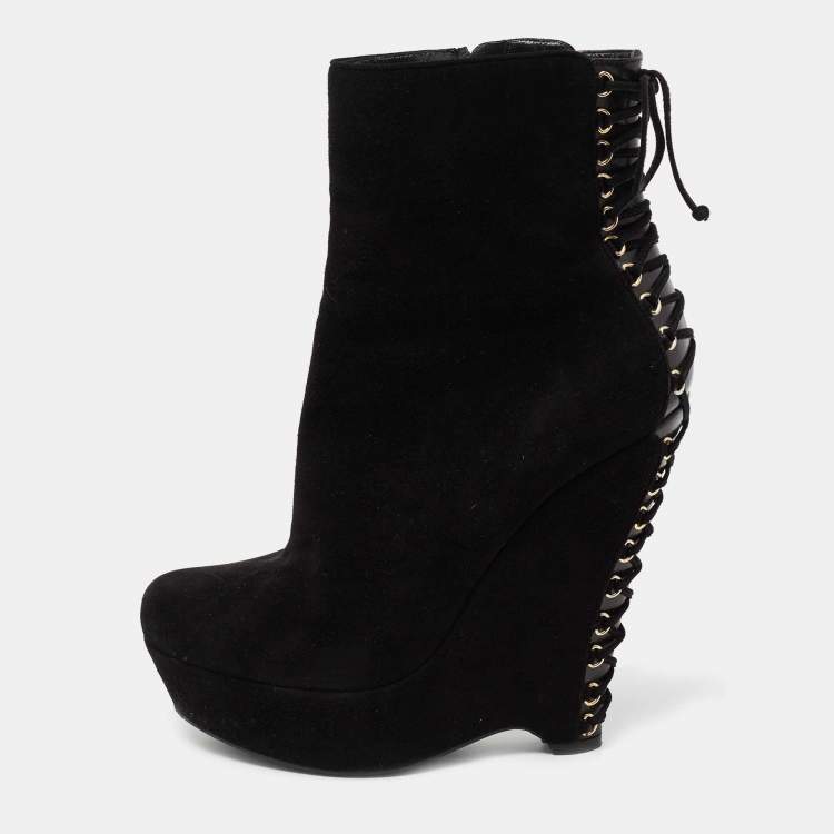Pre Owned Yves Saint Laurent Black Suede Lace Up Madge Ankle Length Wedge Boots Size 41.5