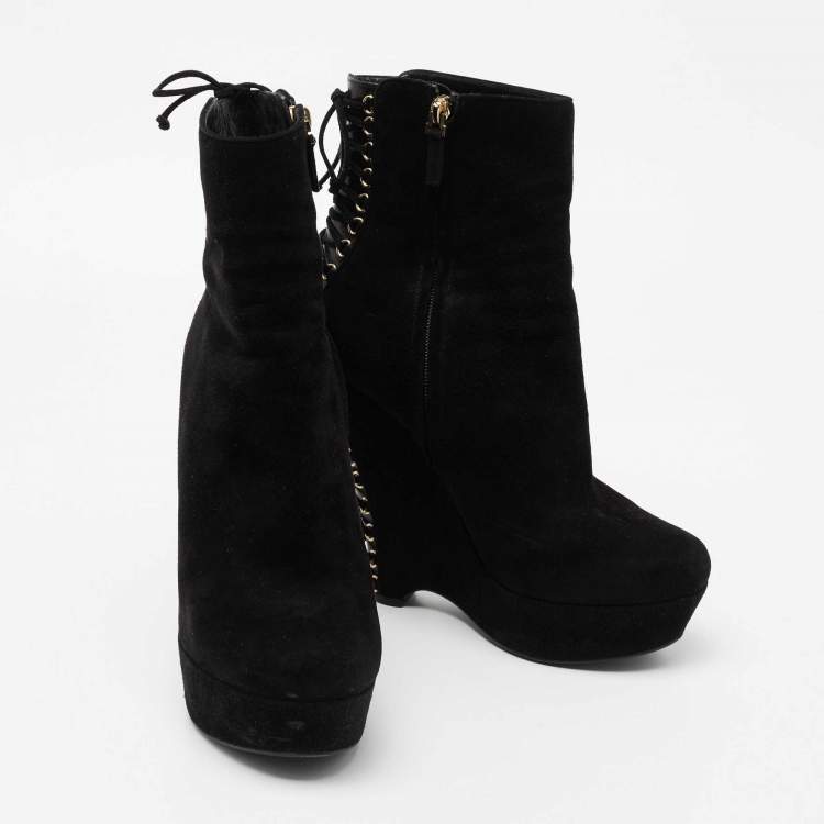Pre Owned Yves Saint Laurent Black Suede Lace Up Madge Ankle Length Wedge Boots Size 41.5
