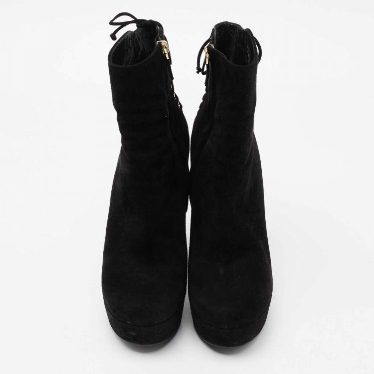 Pre Owned Yves Saint Laurent Black Suede Lace Up Madge Ankle Length Wedge Boots Size 41.5