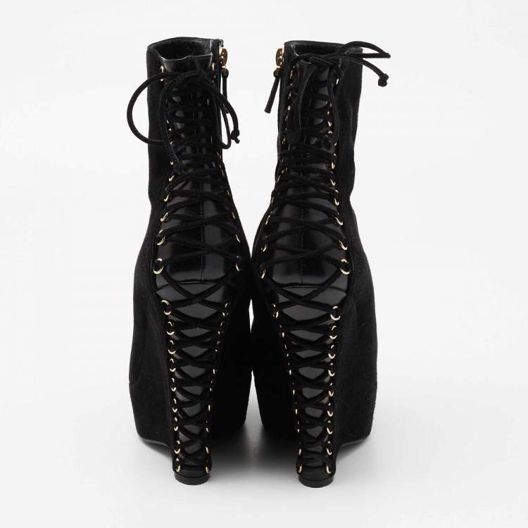 Pre Owned Yves Saint Laurent Black Suede Lace Up Madge Ankle Length Wedge Boots Size 41.5