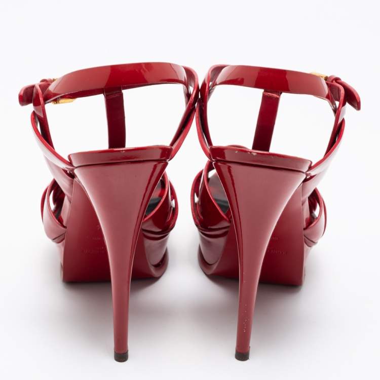 Pre Owned Saint Laurent Red Patent Leather Tribute Platform Ankle Strap Sandals Size 39.5