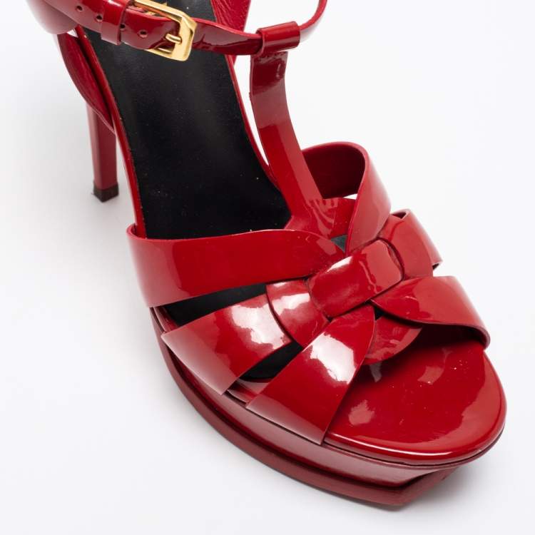 Pre Owned Saint Laurent Red Patent Leather Tribute Platform Ankle Strap Sandals Size 39.5