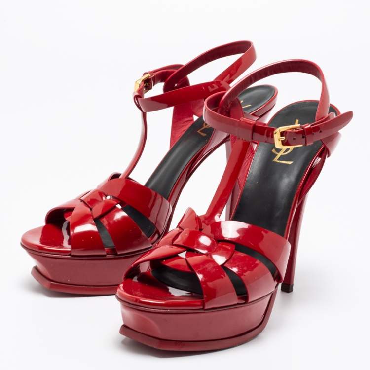 Pre Owned Saint Laurent Red Patent Leather Tribute Platform Ankle Strap Sandals Size 39.5