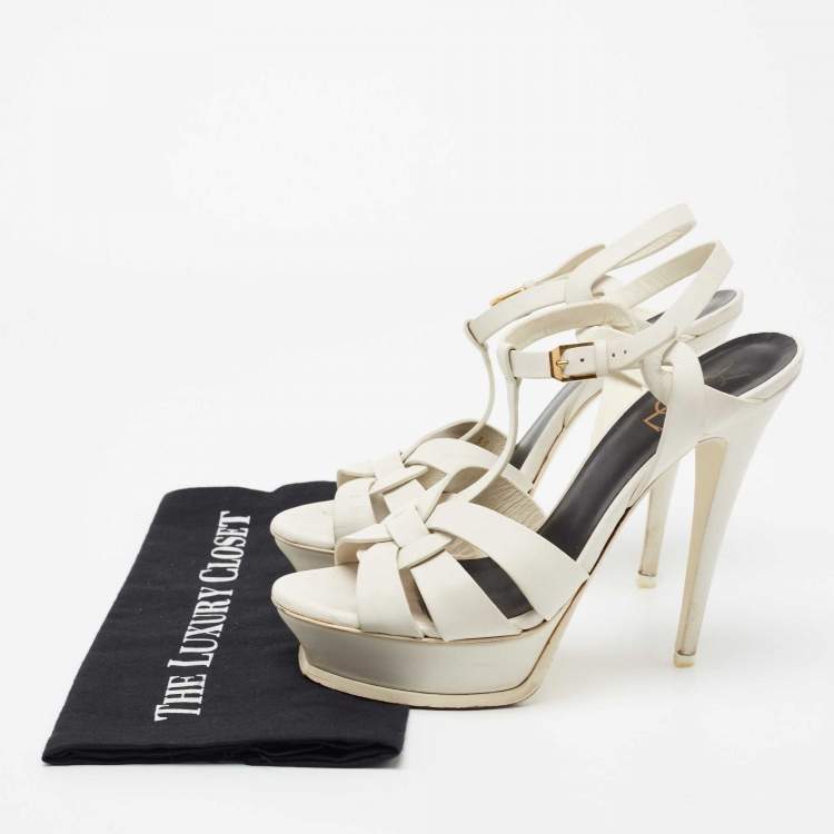 Pre Owned Yves Saint Laurent White Leather Tribute Platform Sandals Size 39.5