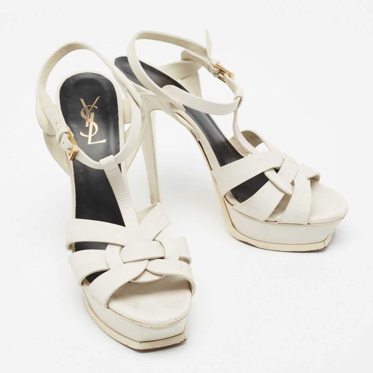 Pre Owned Yves Saint Laurent White Leather Tribute Platform Sandals Size 39.5