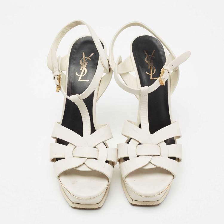 Pre Owned Yves Saint Laurent White Leather Tribute Platform Sandals Size 39.5