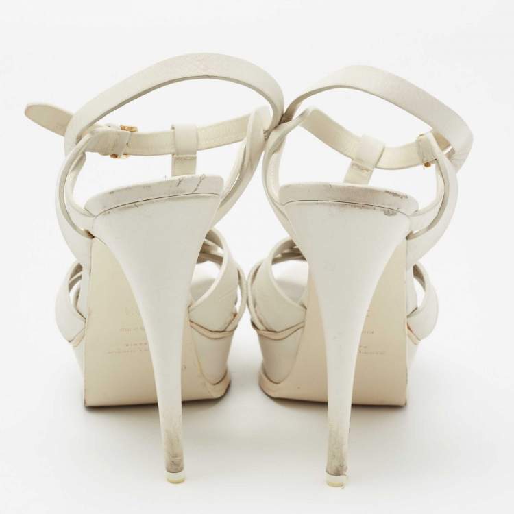 Pre Owned Yves Saint Laurent White Leather Tribute Platform Sandals Size 39.5
