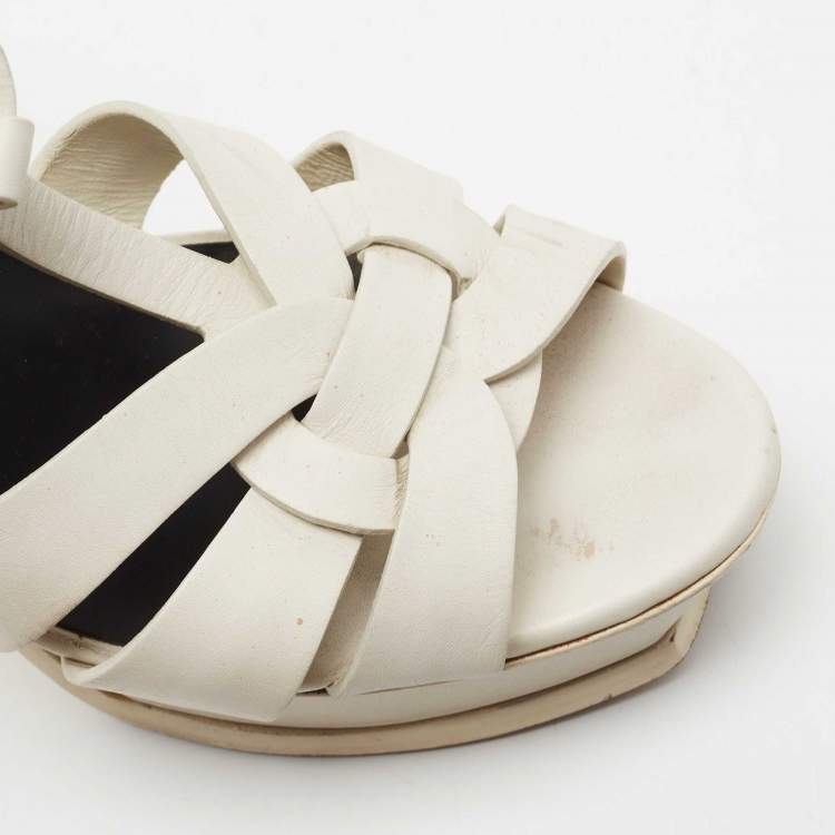 Pre Owned Yves Saint Laurent White Leather Tribute Platform Sandals Size 39.5