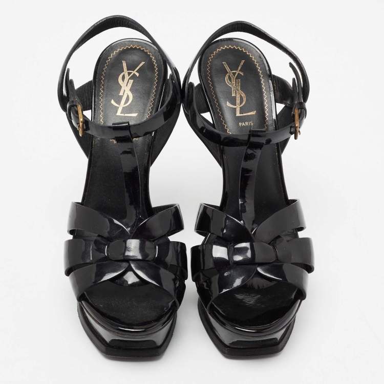 Pre Owned Yves Saint Laurent Black Patent Leather Tribute Sandals Size 38