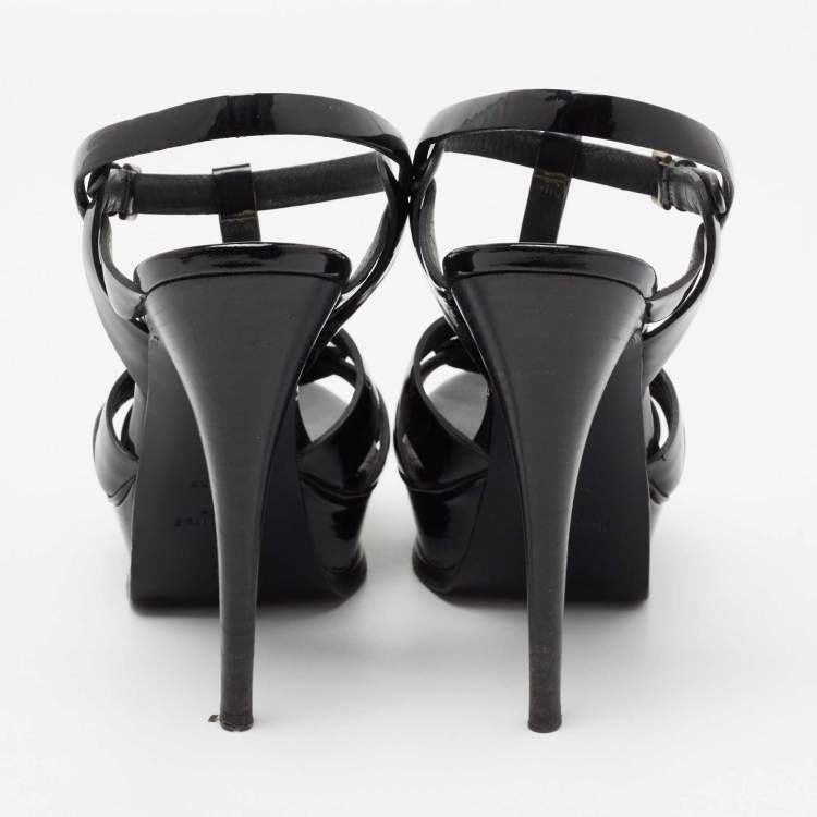 Pre Owned Yves Saint Laurent Black Patent Leather Tribute Sandals Size 38