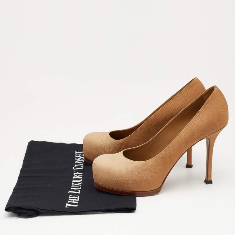 Pre Owned Yves Saint Laurent Beige Lizard Embossed Leather Tribtoo Platform Pumps Size 37