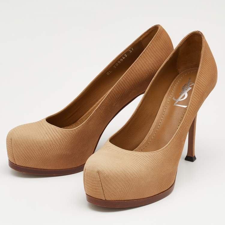 Pre Owned Yves Saint Laurent Beige Lizard Embossed Leather Tribtoo Platform Pumps Size 37