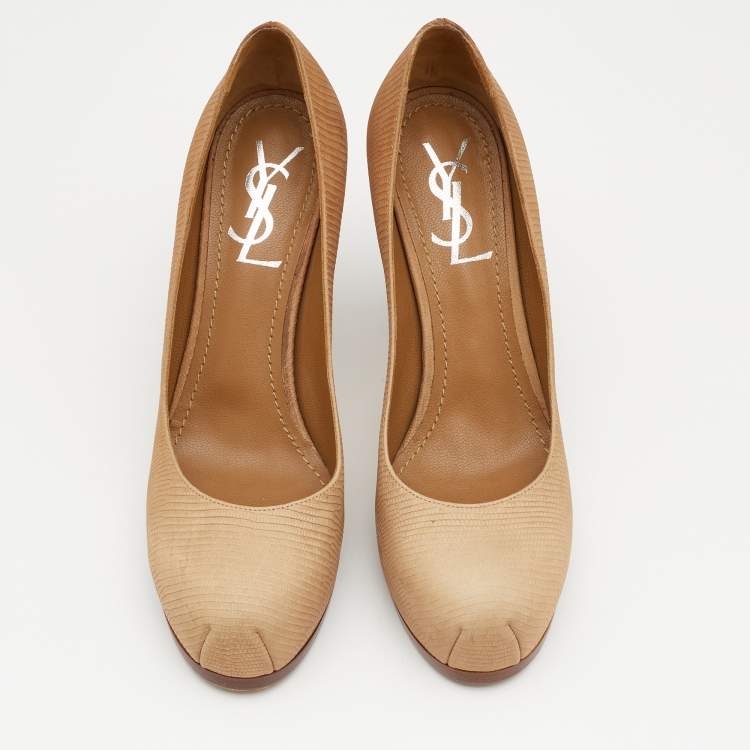 Pre Owned Yves Saint Laurent Beige Lizard Embossed Leather Tribtoo Platform Pumps Size 37