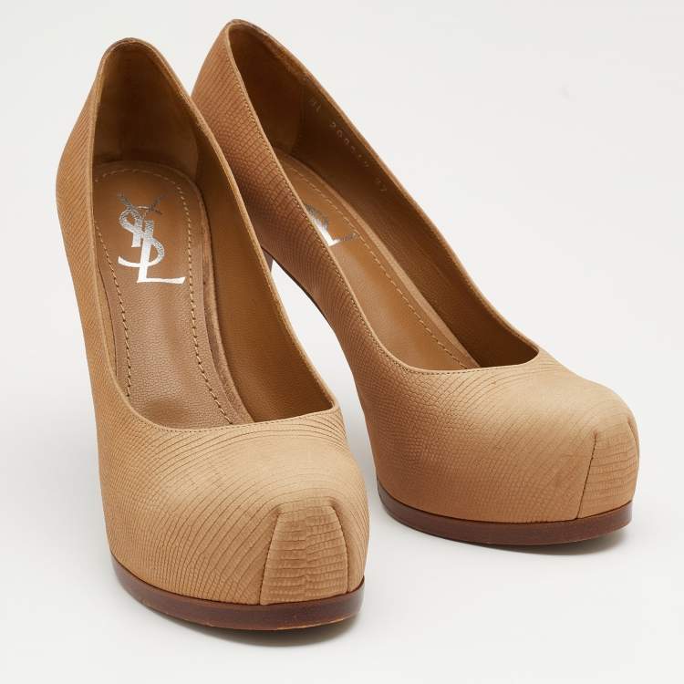 Pre Owned Yves Saint Laurent Beige Lizard Embossed Leather Tribtoo Platform Pumps Size 37