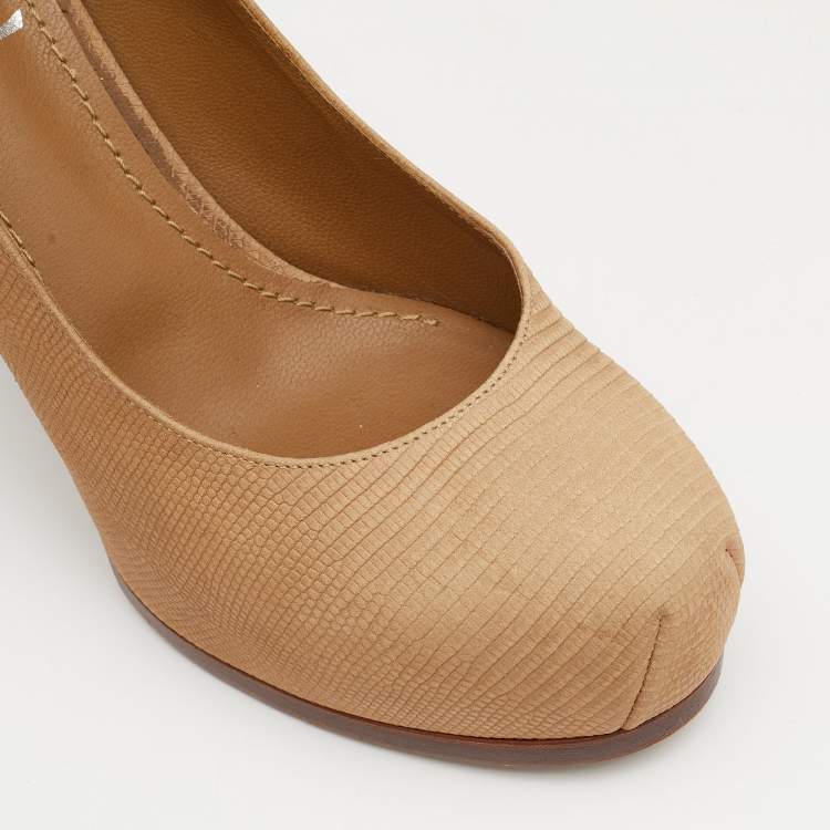 Pre Owned Yves Saint Laurent Beige Lizard Embossed Leather Tribtoo Platform Pumps Size 37