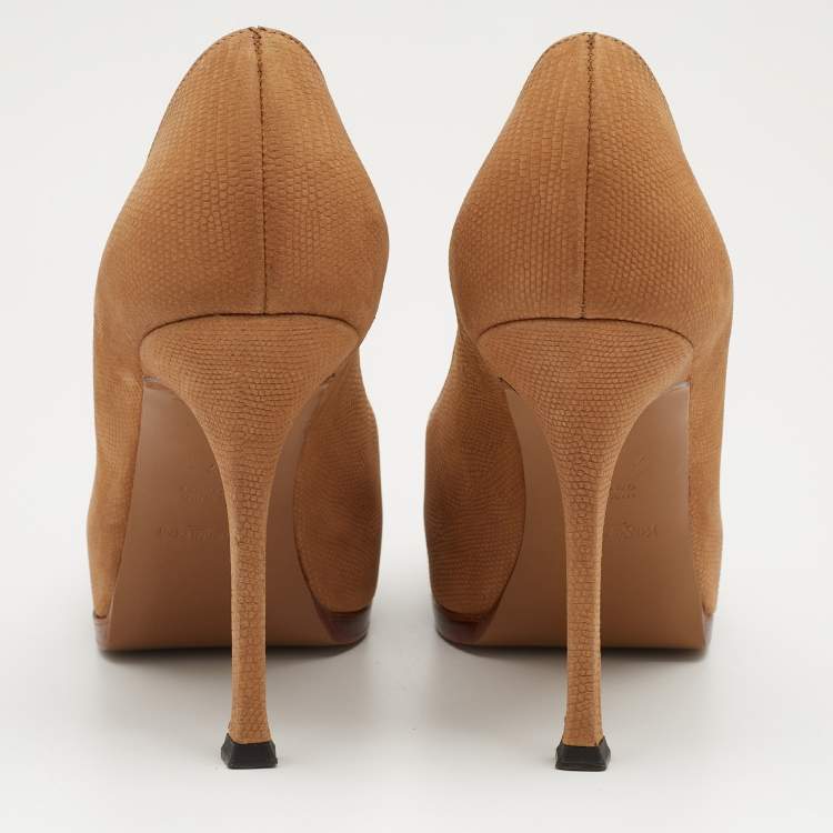 Pre Owned Yves Saint Laurent Beige Lizard Embossed Leather Tribtoo Platform Pumps Size 37