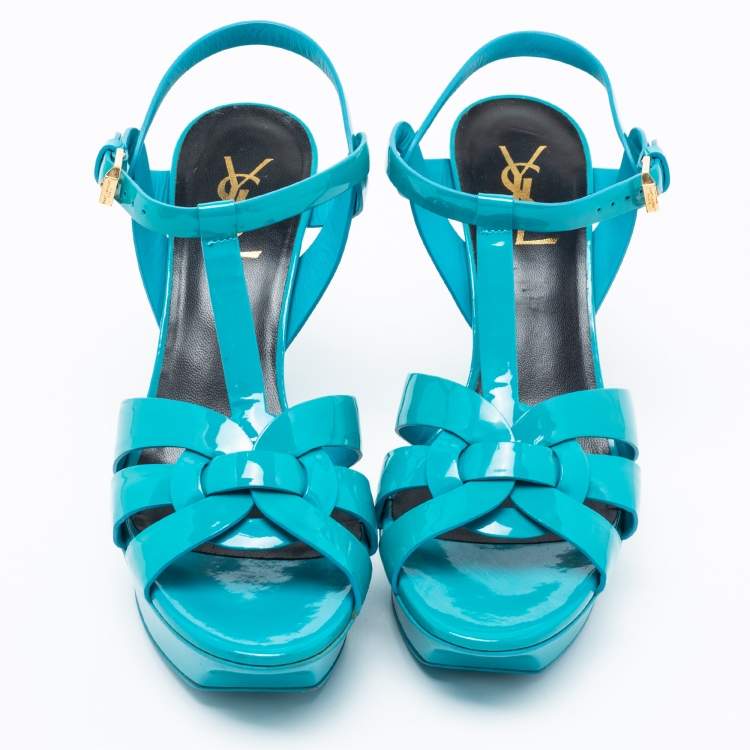 Pre Owned Yves Saint Laurent Blue Patent Leather Tribute Platform Sandals Size 38.5