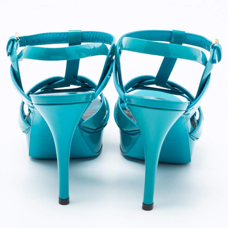 Pre Owned Yves Saint Laurent Blue Patent Leather Tribute Platform Sandals Size 38.5