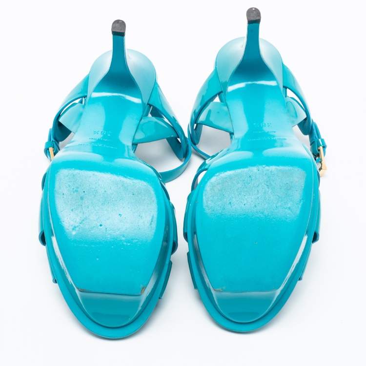 Pre Owned Yves Saint Laurent Blue Patent Leather Tribute Platform Sandals Size 38.5