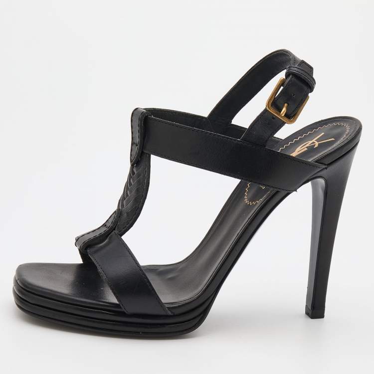 Pre Owned Yves Saint Laurent Black Leather T-Strap Platform Sandals Size 38