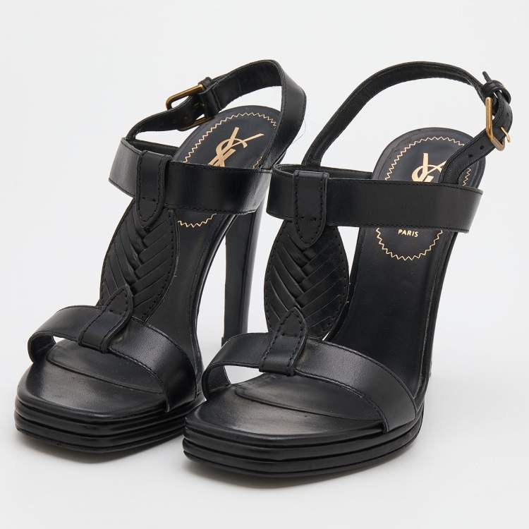 Pre Owned Yves Saint Laurent Black Leather T-Strap Platform Sandals Size 38