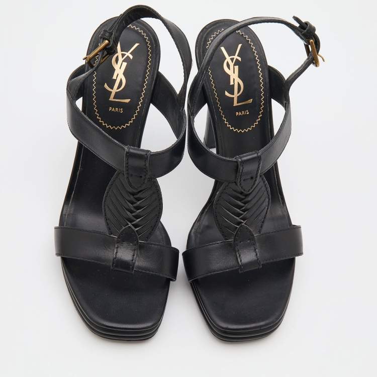 Pre Owned Yves Saint Laurent Black Leather T-Strap Platform Sandals Size 38