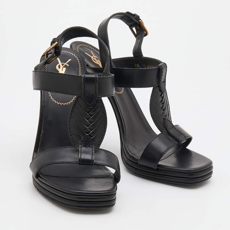 Pre Owned Yves Saint Laurent Black Leather T-Strap Platform Sandals Size 38