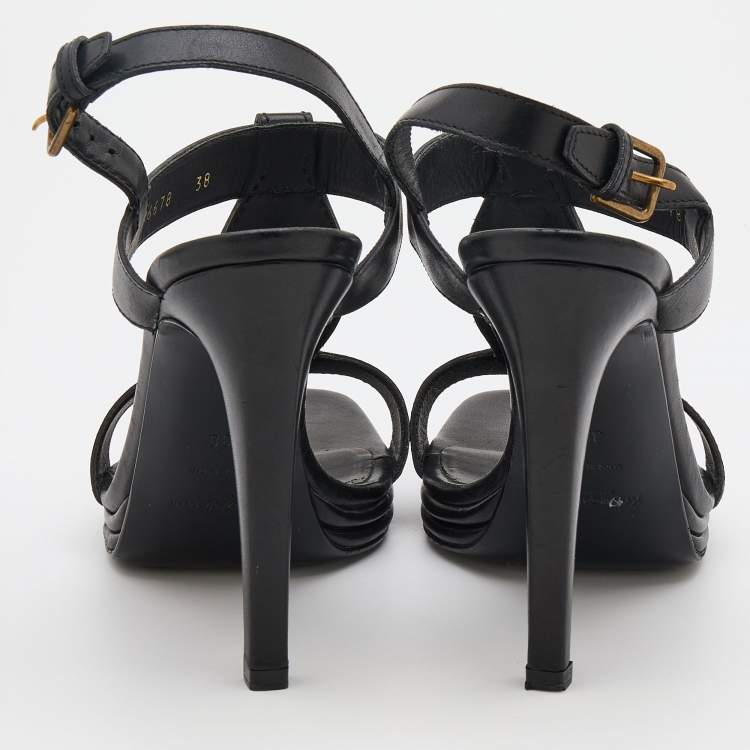 Pre Owned Yves Saint Laurent Black Leather T-Strap Platform Sandals Size 38