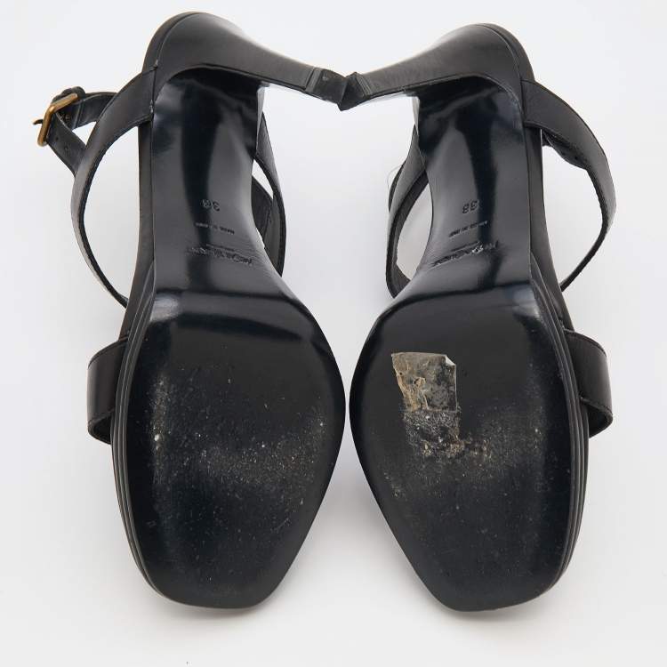 Pre Owned Yves Saint Laurent Black Leather T-Strap Platform Sandals Size 38