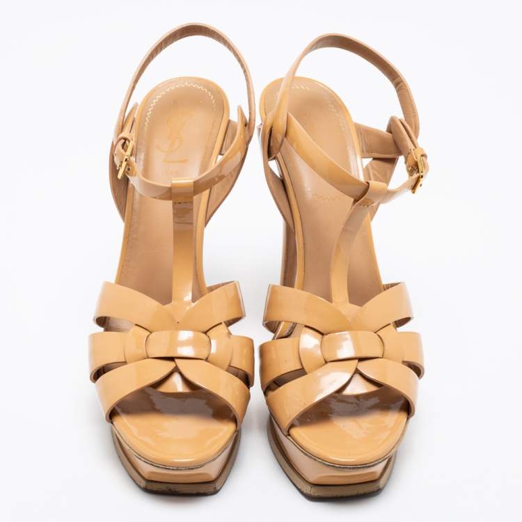 Pre Owned Yves Saint Laurent Beige Patent Leather Tribute Platform Sandals Size 39.5