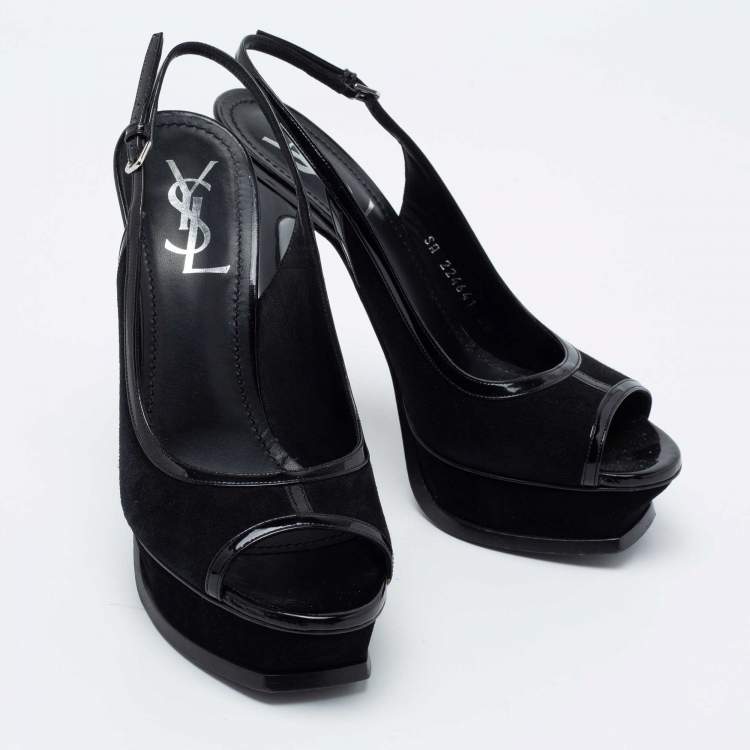 Pre Owned Yves Saint Laurent Black Suede And Patent Leather Tribtoo Slingback Platform Sandals Size 38