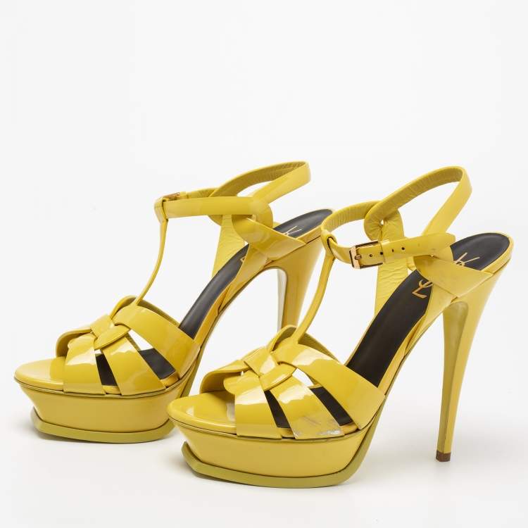 Pre Owned Yves Saint Laurent Yellow Patent Leather Tribute Platform Sandals Size 40
