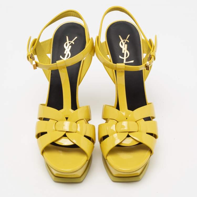 Pre Owned Yves Saint Laurent Yellow Patent Leather Tribute Platform Sandals Size 40