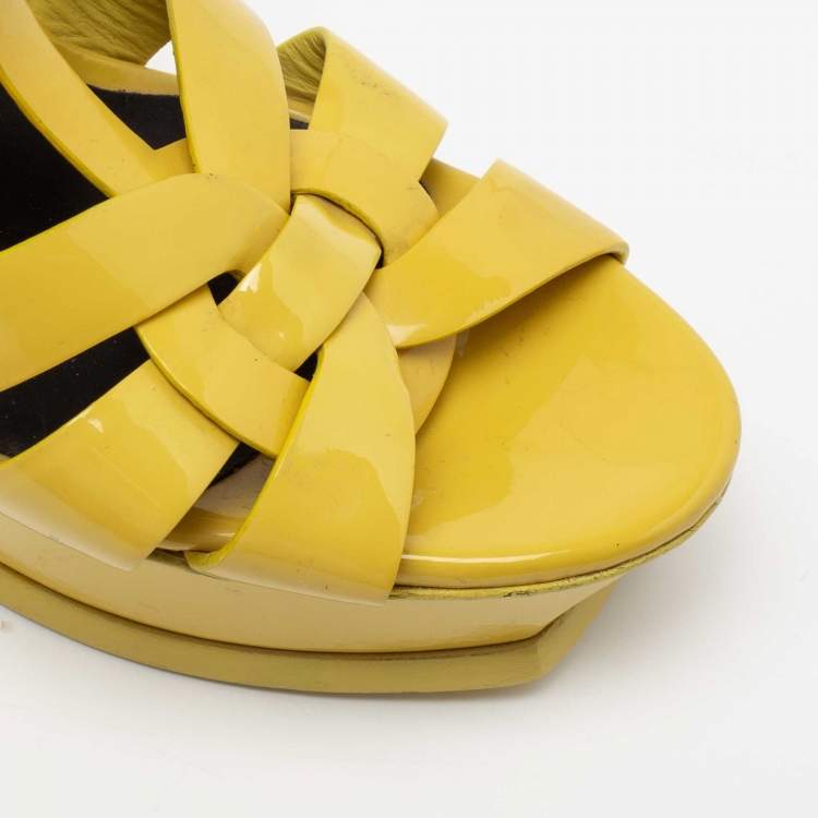 مملوكة مسبقًا Yves Saint Laurent Yellow Patent Leather Tribute Platform Sandals Size 38