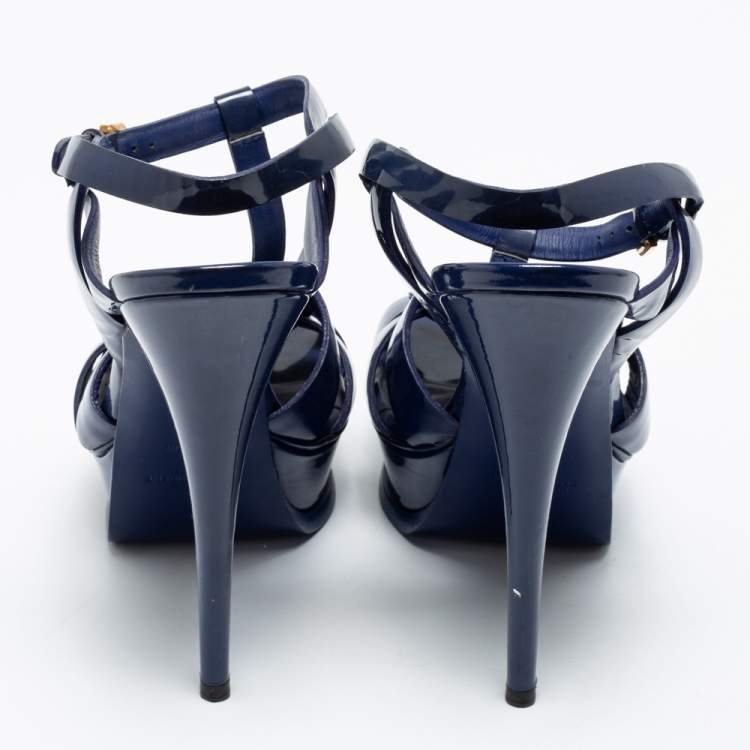 Pre Owned Yves Saint Laurent Blue Patent Leather Tribute Platform Sandals Size 38